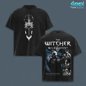 The Witcher 3 Wild Hunt T-Shirt, Geralt of Rivia Wolf Medallion Vintage Washed Black Oversized Graphic Tee, Dark Fantasy RPG Heavyweight Cotton Top, Gaming Streetwear Aesthetic Unisex Apparel