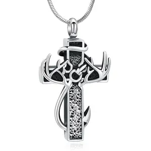 Men's Vintage Antler Hook Cross Pendant Necklace, Stainless Steel Black Enamel Religious Jewelry, Retro Hunting Fishing Faith Necklace for Men Boys, Durable Box Chain, Perfect Birthday Christmas Gift for Outdoor Hunting Lovers