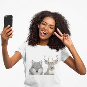 Cute Wolf & Mischievous Deer Shirt Unisex Softstyle T-Shirt Funny Animal Graphic Tee Trendy Gift Idea