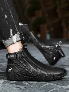 Men's Fashion Ankle Round Toe Boots, Animal Print, Side Zipper Design, Closed, Casual Comfortable Outdoor Shoes, All Season Wear, Trendy and Versatile