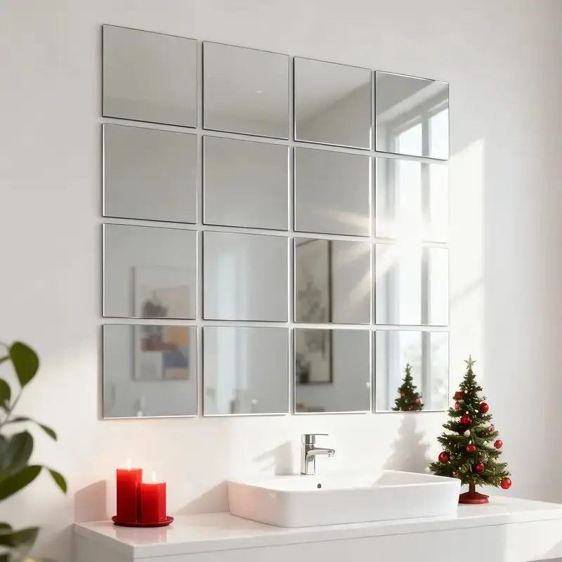 16pcs, Unique wall decor, Living Room Wall Decor, Silver square mirror wall sticker, 20cm x 20cm detachable 3D stereoscopic acrylic wall sticker, DIY creative decorative sticker with adhesive backing, suitable for home & office decoration