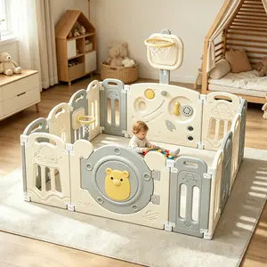 Baby Playpen 14-Panel with Adjustable Basketball Hoop,Lock Door,Adjustable Game Panel,Foldable Toddlers Play Yard, 14-Panel Safety Kids Fence for Indoor & Outdoor,Baby Gate Activity Centre, Gray White