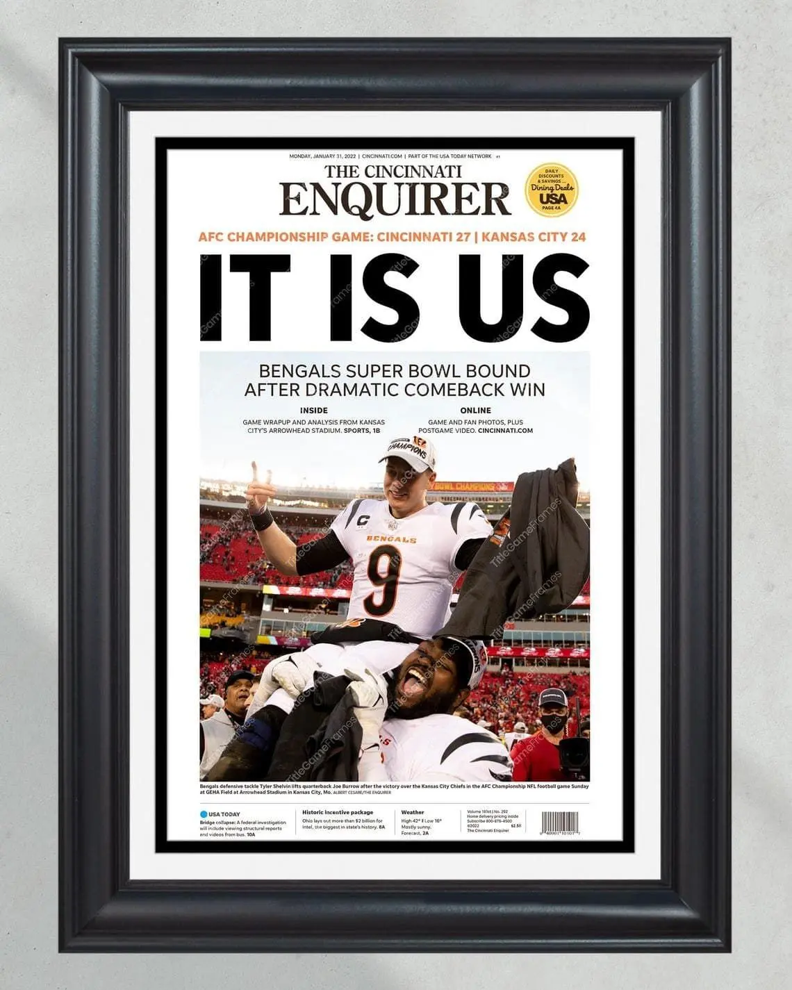 2022 Cincinnati Bengals It Is Us AFC Championship Game Unframed Poster - Vintage Front Page Newspaper Print - NFL Football Sports Wall Art - Joe Burrow Era Fan Cave Decor