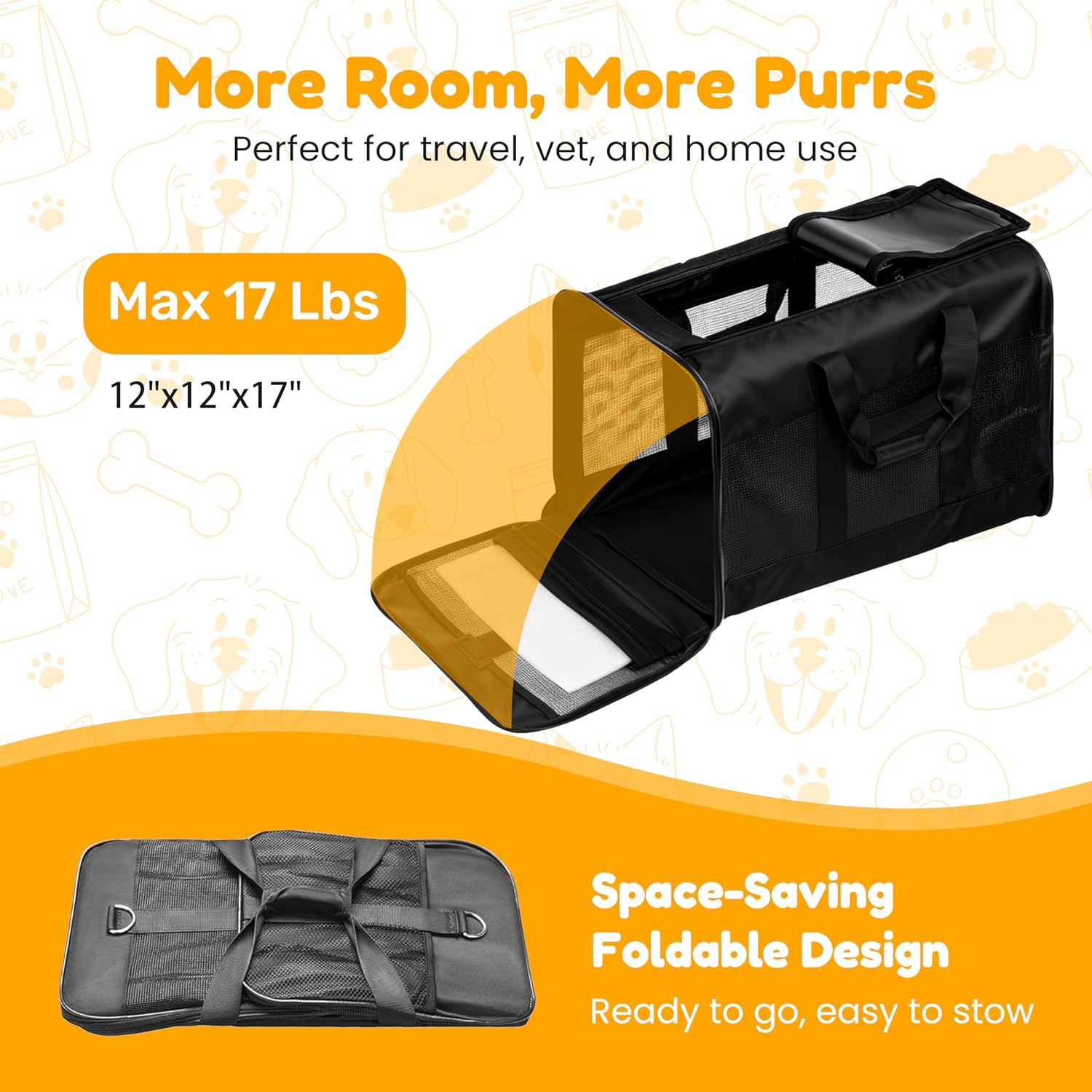 17" x 12" x 12"17 lbs, Breathable Portable Soft-Sided Carrier for Cats & Dogs, Travel Pet Bag for Car & Vet VisitsBlack