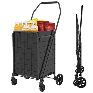 Foldable Utility Shopping Cart with Double Basket & 360° Rolling Swivel Wheels for Groceries & Laundry - Compact Storage & Easy Transport