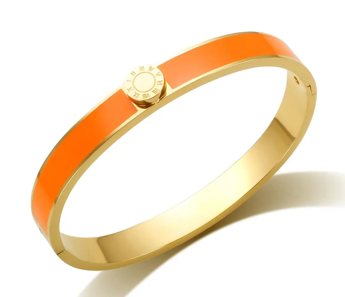 B151- Enamel Roman Numerals Bangle Bracelet Stainless Steel Gold,Orange Color!