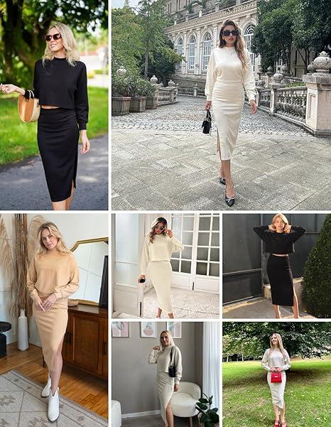 Grace Karin Women's Knitted DressPullover Two-Piece Long Sleeve Pullover Top Skirt Midi SkirtBodycon 2-Piece Set Midi Dress Turtleneck Jumper Dress