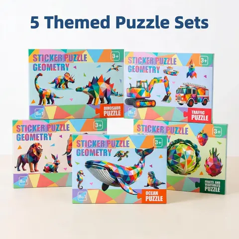 16 Sheets Geometric Sticker Puzzle , educational toy boosts kids’ focus & brain development. Dinosaur, ocean, fruit vegetable, traffic multiple themes. Perfect for parent-child play, party favors & kids , friend birthday gifts
