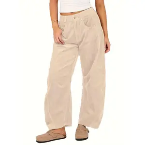 Mid waist elastic corduroy pants for women, round bucket mid waist elastic waistline pants, casual wide leg loose pants with pockets, women's clothing