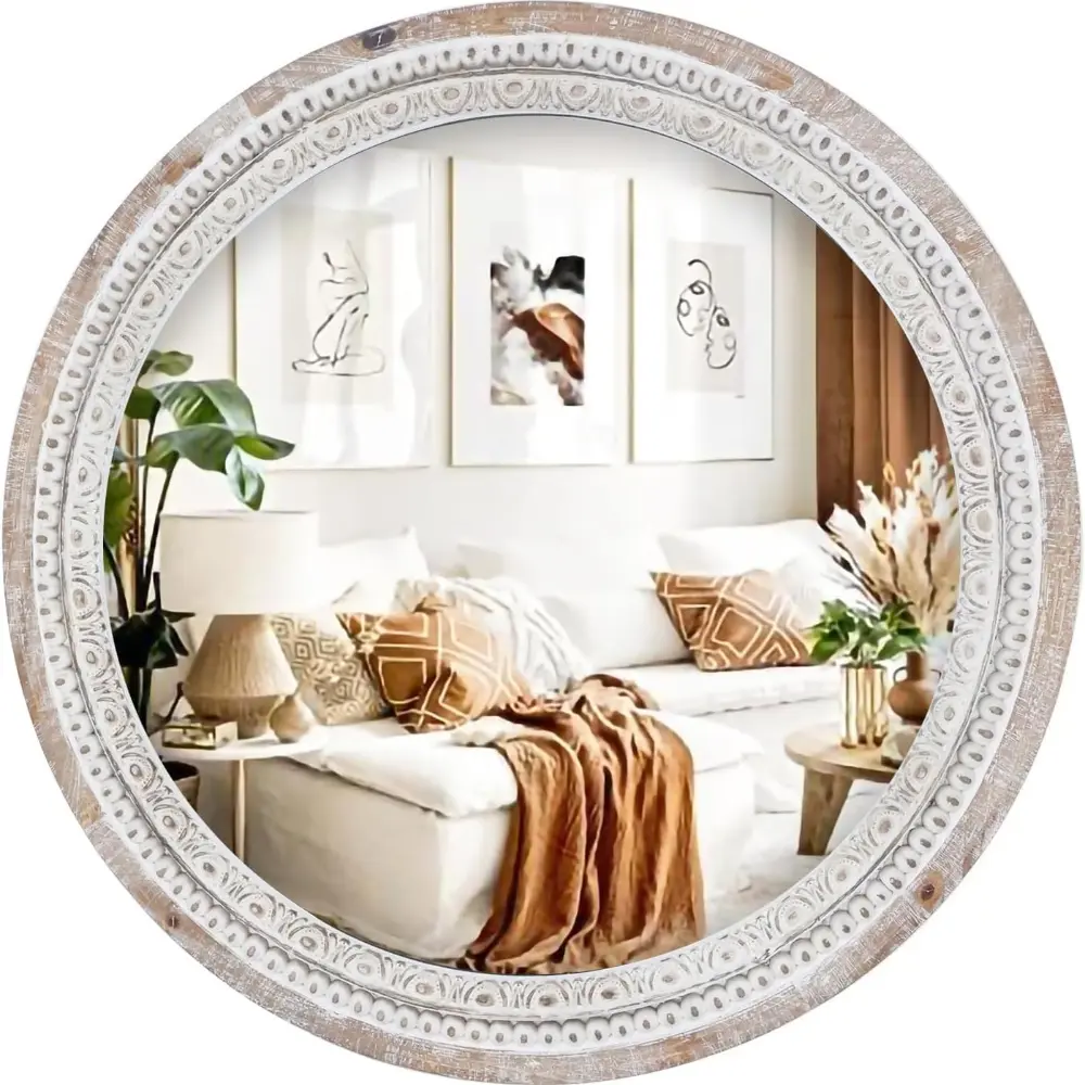 24-Inch Round Decorative Wall Mirror with Farmhouse White-Wash Beaded Wooden Frame, Rustic Distressed Design for Bathroom, Bedroom Room Decor