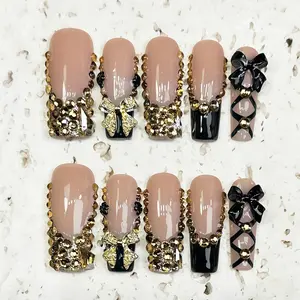 Press On Nails Set, Handmade 10PCS Long Coffin Nude Black French Tip Fake Nails with Gold Rhinestone Bow & Lace-Up, Luxury Reusable Salon-Quality False Nails for Party Prom Wedding, Gift for Her