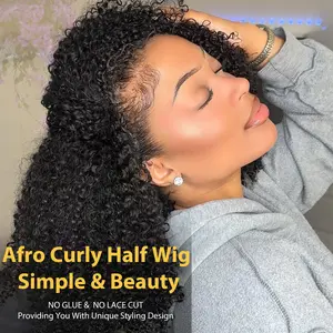 【2025 Super Deal】 Curly 3 In 1 Half Wig Human Hair Elastic Drawstring Wear Go Glueless Afro Kinky Curly Human Hair Half Wigs Friendly To Beginners 200% Density Natural Hairline Flip Over Wig 16Inch#halfwig