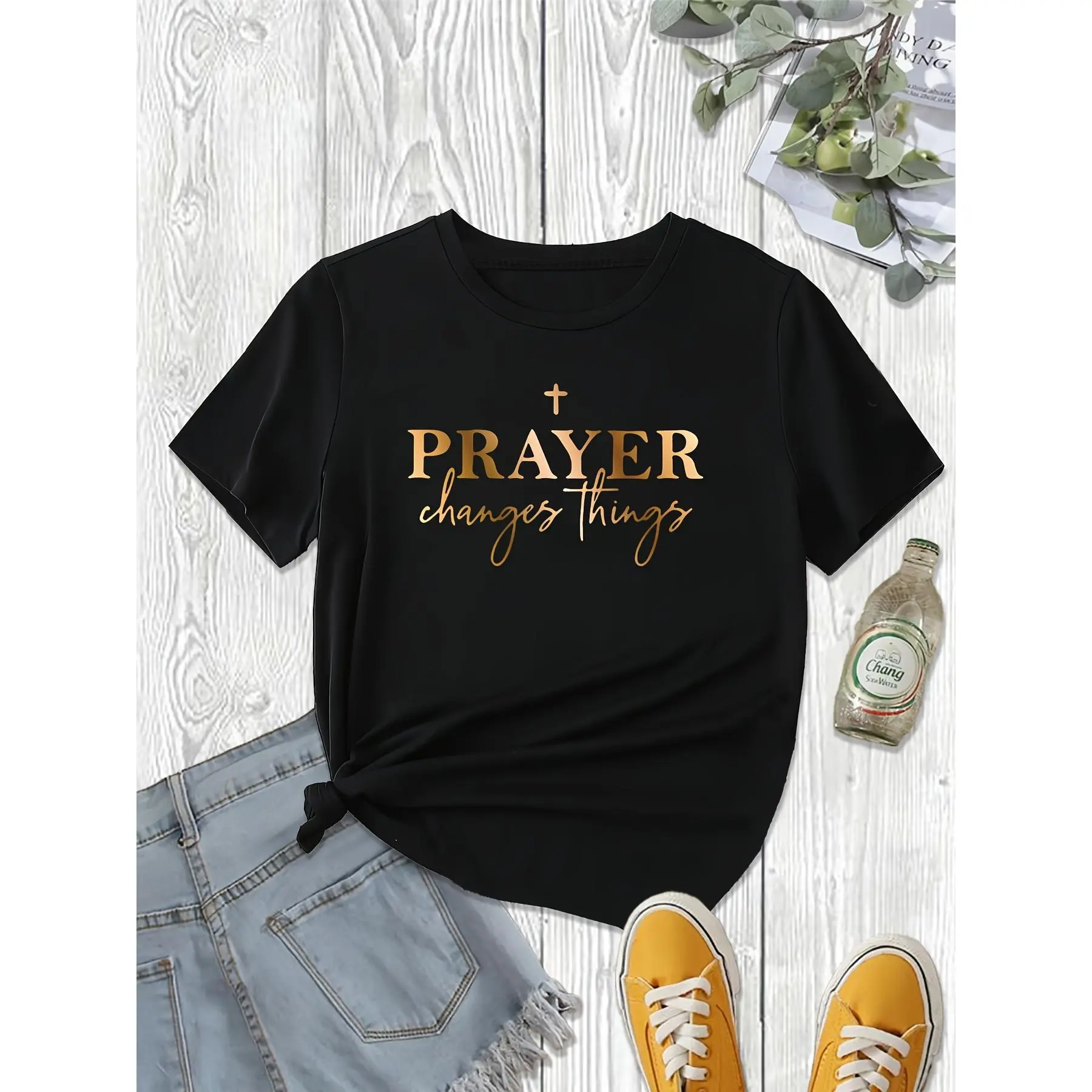 Women's "Prayer Changes Things" Graphic T-Shirt, Casual Oversized Faith Top, Soft Breathable Fabric, Pull On - Refer to Size Chart