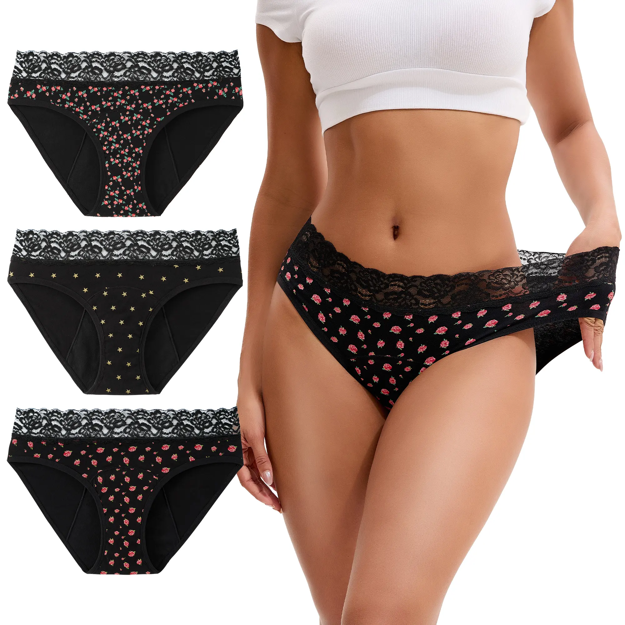 INNERSY Women's Lace Mid Waisted Cotton Period Panties 3-Pack
