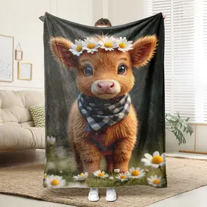 1 Comfortable Denim Wreath Calf Flannel Blanket, Soft Printed Cooling Blanket, 100% Polyester Fiber, Perfect Gift For Family And Friends