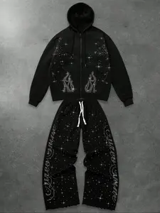 Sparkling Rhinestone Graphic Hoodie Set, Autumn Winter Zip-Up Sweatshirt & Pants Combo, Sporty Style, Comfortable Daily Wear