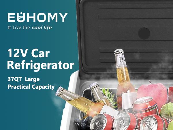 EUHOMY 12V Refrigerator (24/37/53Quart /23L/35L/50L) supports 12V/24V DC & 110-240V AC. Portable with -4°F~68°F range, it features wheels, 2 baskets, and large cooling zone. Ideal for RVs, travel, Truck, Boat EUHOMY 12V Refrigerator (24/37/53Quart /23L/35L/50L) supports 12V/24V DC & 110-240V AC. Portable with -4°F~68°F range, it features wheels, 2 baskets, and large cooling zone. Ideal for RVs, travel, Truck, Boat