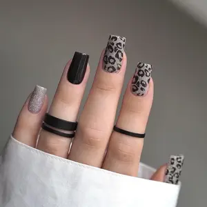 Leopard Pattern Fake Nail Kit, 24pcs/set Short Square Nail Tips Press on Nails, Removable Full Cover Artificial Fake Nail, Women Girls DIY Manicure, Nail Design, Nail Decoration, Nail Accessories