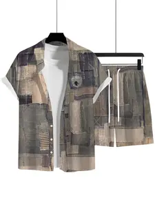 Men's Patchwork Set 2026, Vintage Repair Short Sleeve Shirt & Drawstring Shorts Two-Piece, Casual Fitted All over Print Casual Matching Set
