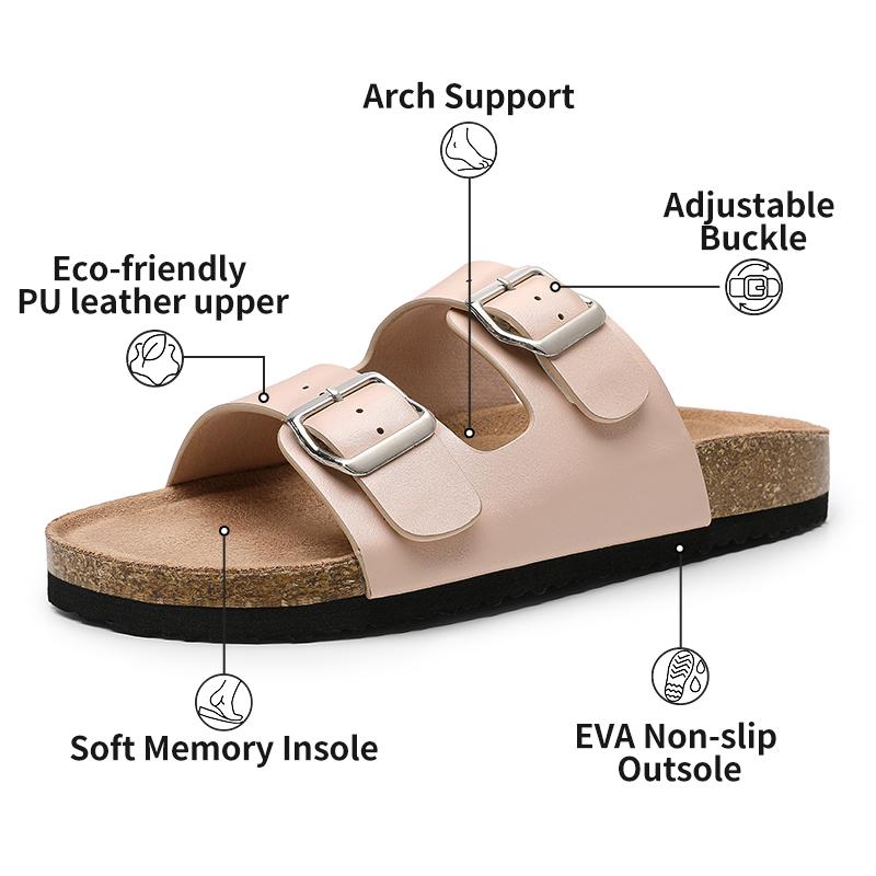 Trary Women's Slides Sandals with Cork Footbed Open Toe Flat Sandals for Women Adjustable Double Buckles Comfortable Slip On Slippers for Summer Party Casual Shoes  Dealsforyoudays