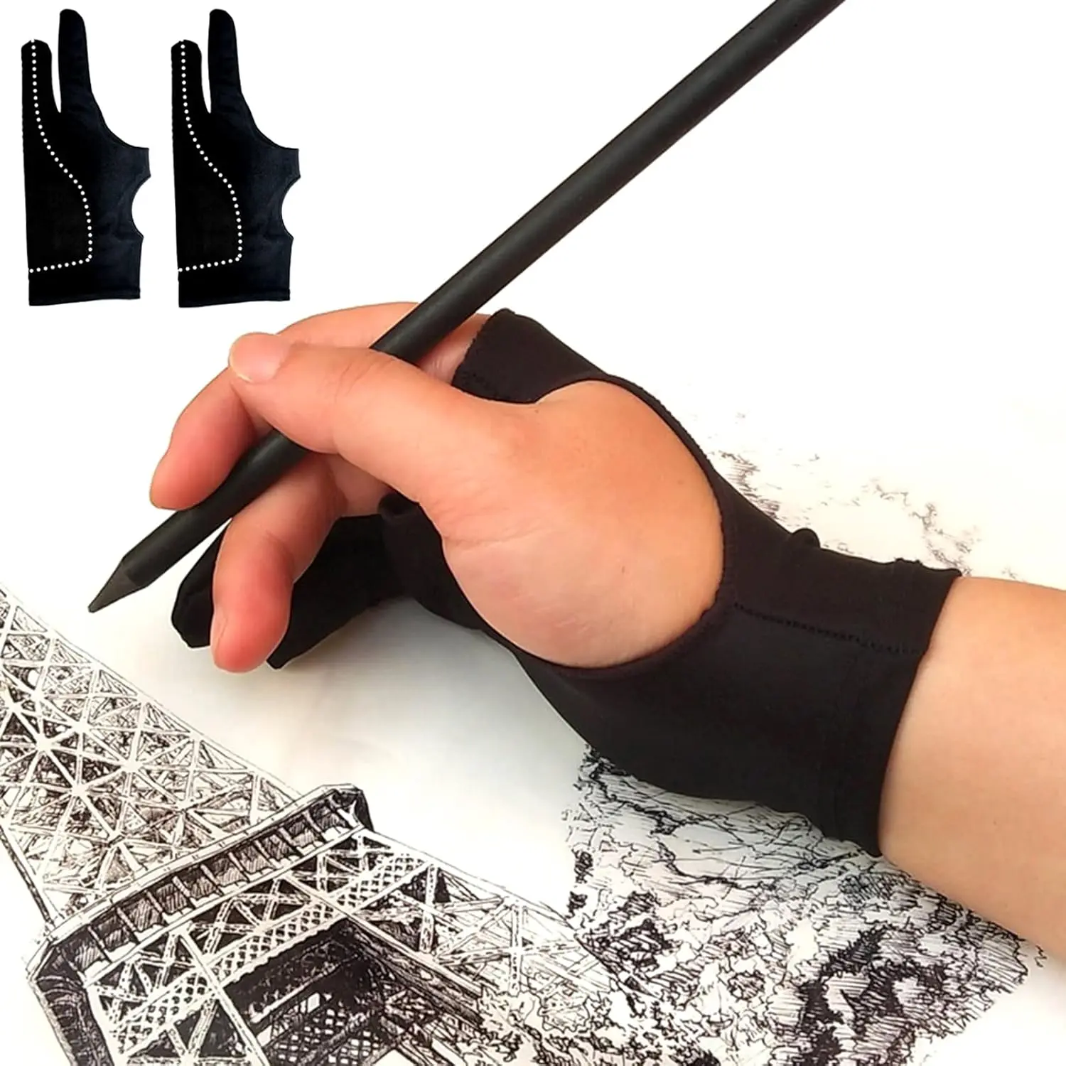 Drawing Glove, Digital Art Glove for Graphic Tablet, Artist Gloves with Two Fingers for iPad, Paper Sketching, Smudge Guard, Palm Rejection, Suitable for Left and Right Hand (2 PCS, Extra Small)