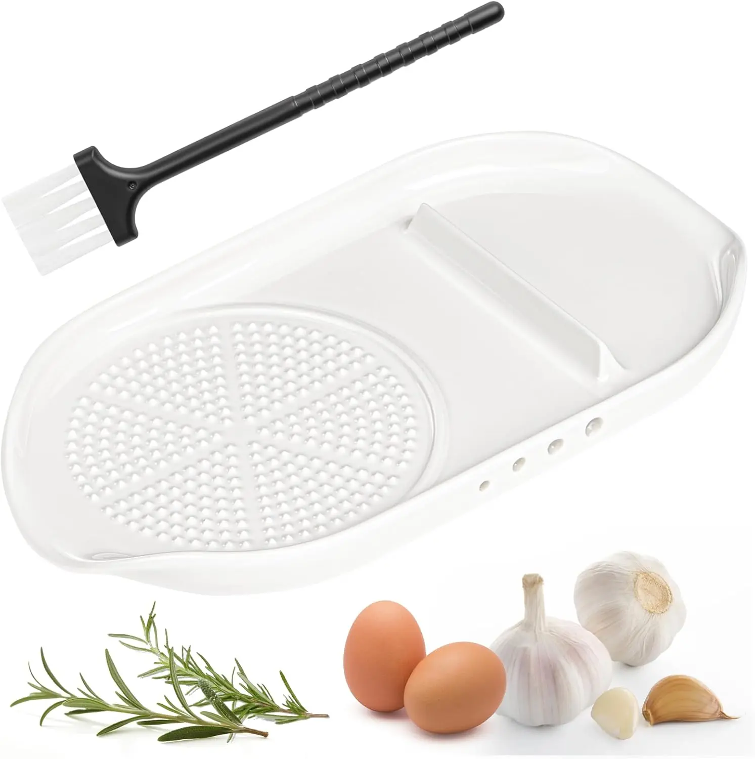LUVAN 4-in-1 Ceramic Garlic Grater Plate Set - Compact, Spout-Shaped Porcelain Kitchen Tool with Holes, Egg Cracker, Herb Stripper, Bowl, Spoon Rest, Brush & Silicone Pad for Grinding Garlic, Wasabi, Ginger, Utensils