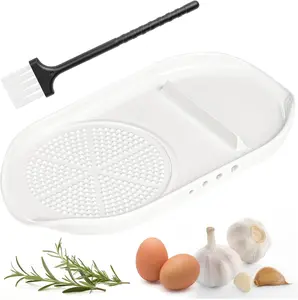 Luvan Garlic Grater Plate 4 in 1 Ceramic Egg Cracker Spoon Rest Herb Stripper Bowl for Kitchen Porcelain Grater with Brush Silicone Pad for Grinding Wasabi Ginger Garlic Cheese