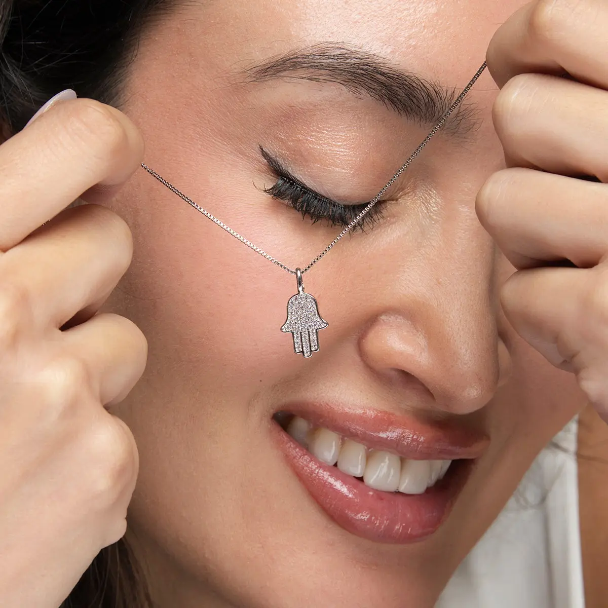 Nyla Hamsa Hand Charm Necklace, White Rhodium Plated Pendant with Cubic Zirconia for Unisex, Adjustable 16 to 18-Inch Chain, Hamsa Charm, Hand Symbol, Everyday Wear