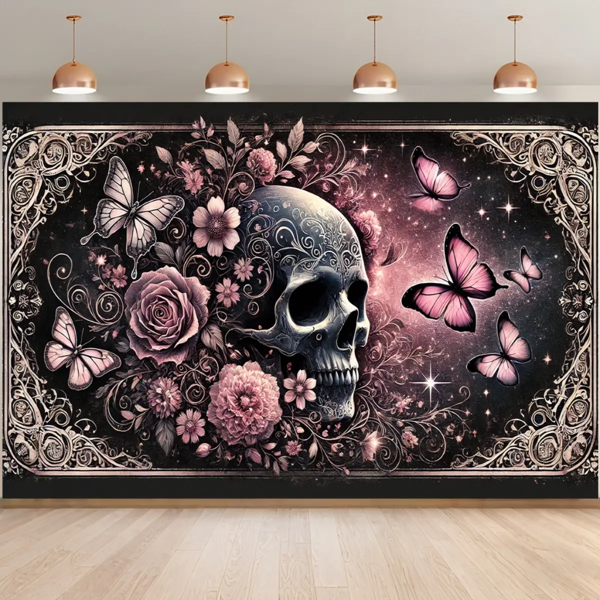 Boho Gothic Polyester Rectangular Room Art Decorated Tapestry - Dark Floral Skull, Pink Roses, White Butterflies, Black & Golden Ornate Frame, Backdrop for Birthdays, Day of the Dead
