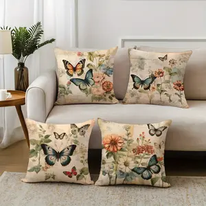 4pcs, Double-Sided Printed Pillow Covers, Vintage Postcard Butterfly Floral Illustration Pillow Covers, 17.7*17.78cm, Home Decor Pillow Covers for Living Room Bedroom, Bedroom Decorative Accessories, Pillow Inserts Not Included