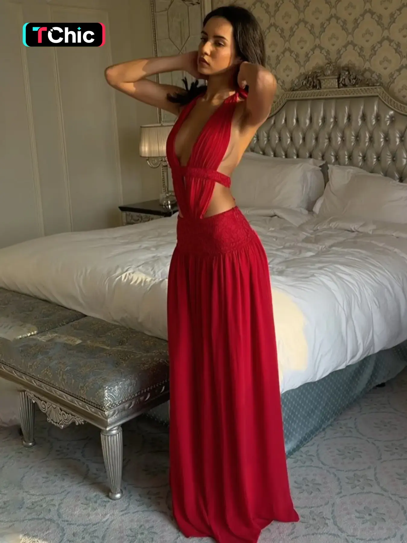 Women's Solid Color Sexy Deep V Neck Backless Halter Dress, Plain Tie-neck Lace-up Sleeveless Cut Out Patchwork Bodycon Ruched Slip Dress, Party Club Date Evening Gown Holiday Daily Casual Elegant Maxi Long Dresses For Ladies All Seasons Summer Clothes