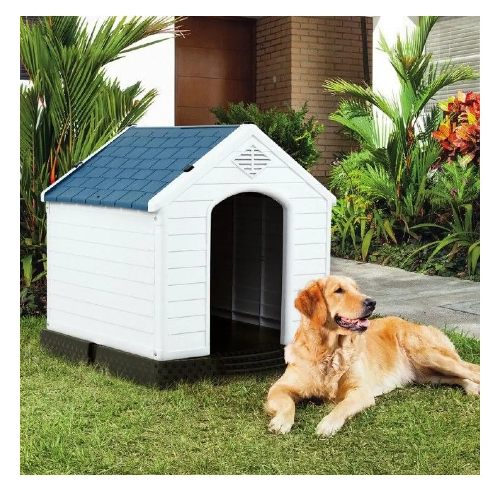 Plastic Dog House, Waterproof Puppy Kennel - Blue & White, Ventilated Pet Shelter