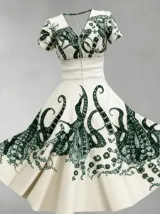 Vintage Gothic Waist-Tie Dress, Elegant Short Sleeve V-Neck Design, Perfect for Parties & Daily Wear, Ideal for Photo Shoots & Dating