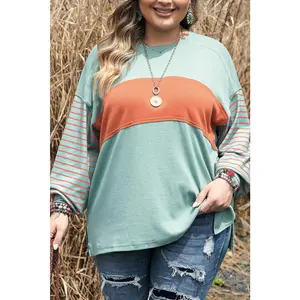 Green Colorblock Striped Bishop Sleeve Top Plus Size