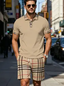 Men's Plaid Polo Set, Plaid Collar Short Sleeve Top + Plaid Drawstring Shorts, High-End Casual Men's Clothing, All over Print, Checked
