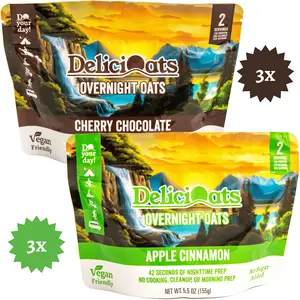 DeliciOats Overnight Oats | High-Protein, Vegan Oatmeal for Backpacking, Camping, Skiing, Emergency Food, and Everyday Breakfast | 5.5-oz Package - Two Servings | 2 Flavor 6 Pack | 3x Cherry Chocolate & 3x Apple Cinnamon