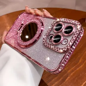 New Luxury High-end Glitter Double Row Diamond Mirror Magnetic Stand Full Lens Phone Case for iPhone 17 Air 16 15 Pro Max 14 Plus 13 Pro 12 11 Niche Transparent Anti-drop Soft Adhesive Protective Back Cover/Gift for Girlfriend