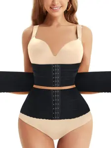 Women's Solid 3-sectional Hook & Eye Waist Trainer, High Stretch Tummy Control Corset for Daily Wear, Women Shapewear Clothes Halloween dailydrip comfyessentials midsize tiktokshopbacktoschool