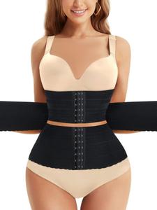 women's solid 3-sectional hook & eye waist trainer, minimalist high stretch girdle highwaist tummy control corset for daily wear, women sexy shaper clothes, modest tummy control body shapewear, shapewear for women, underwear, womenswear