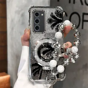 Elegant PC Simple Elegant Wrist Strap Lanyard Phone Case Cover Compatible to Models Samsung Galaxy S23 FE S24 S25 Ultra Plus Bling Bling Glitter Coconut Tree