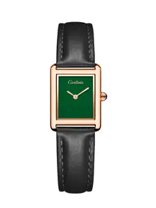 Square Rose Gold Green Dial Luxury Women's Quartz Watch: Black Leather Strap & Sapphire Crown, Vintage Green Dial for Elegant Luxury, a Perfect Gift for Her, Quartz Wristwatches