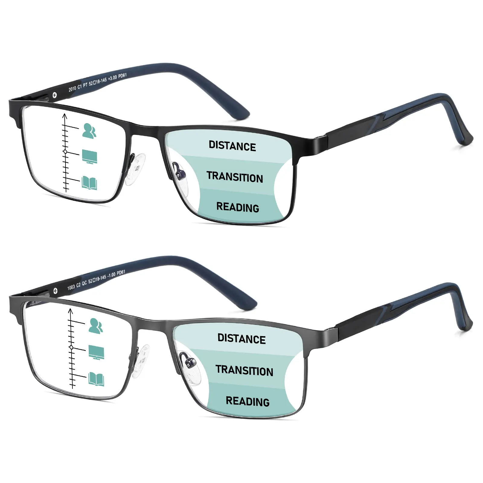Men's Progressive Readers, 2-Pack Rectangular Full Rim Metal Frame Eyewear with No-Line Blue Light Blocking Lenses in Black & Gunmetal, Progressive Readers/Black+Gun, High Quality Eyewear, Men's Accessories, Multifocal Readers