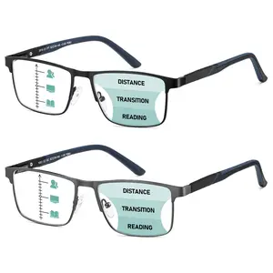2-Pack Blue Light Glasses Progressive Multifocus for Men Metal Frame Anti Readers No-Line Multifocal Reading Eyeglasses