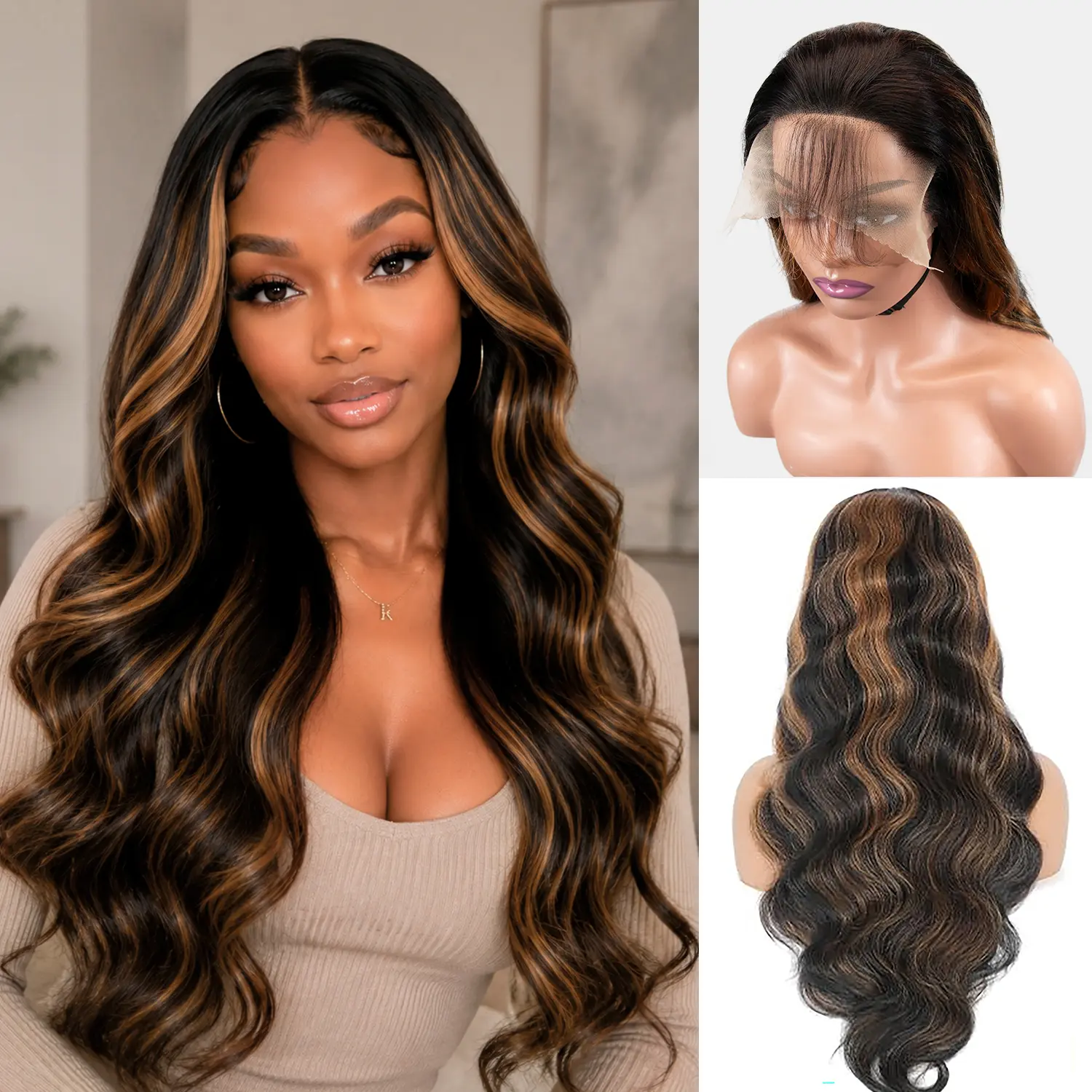 AFRIBYE Human Hair Wig FB/30 Honey Brown Ombre Body Wave 13x6 HD Transparent Lace Front Wig for Black Women 180% Density Brazilian Virgin Hair, Wigs Human Hair, Ombre Hair Kinky Curly Wig