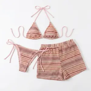 Women's 3-Piece Striped Halter Bikini Swimsuit Set - Comfortable Fit, Ideal for Beach Vacations and Pool Parties, Spring Glow Up, Summer Vibes