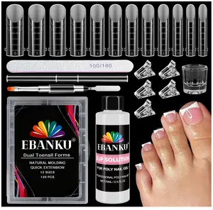 EBANKU Poly Gel Toenail Kit, Reusable Toe Dual Nail Forms with 2.5oz Slip Solution Poly Gel Nail Kit for Toe Nail Tips for Women with Double-end Brush, File, Clips, Liquid Container, 120PCS, 12 Sizes