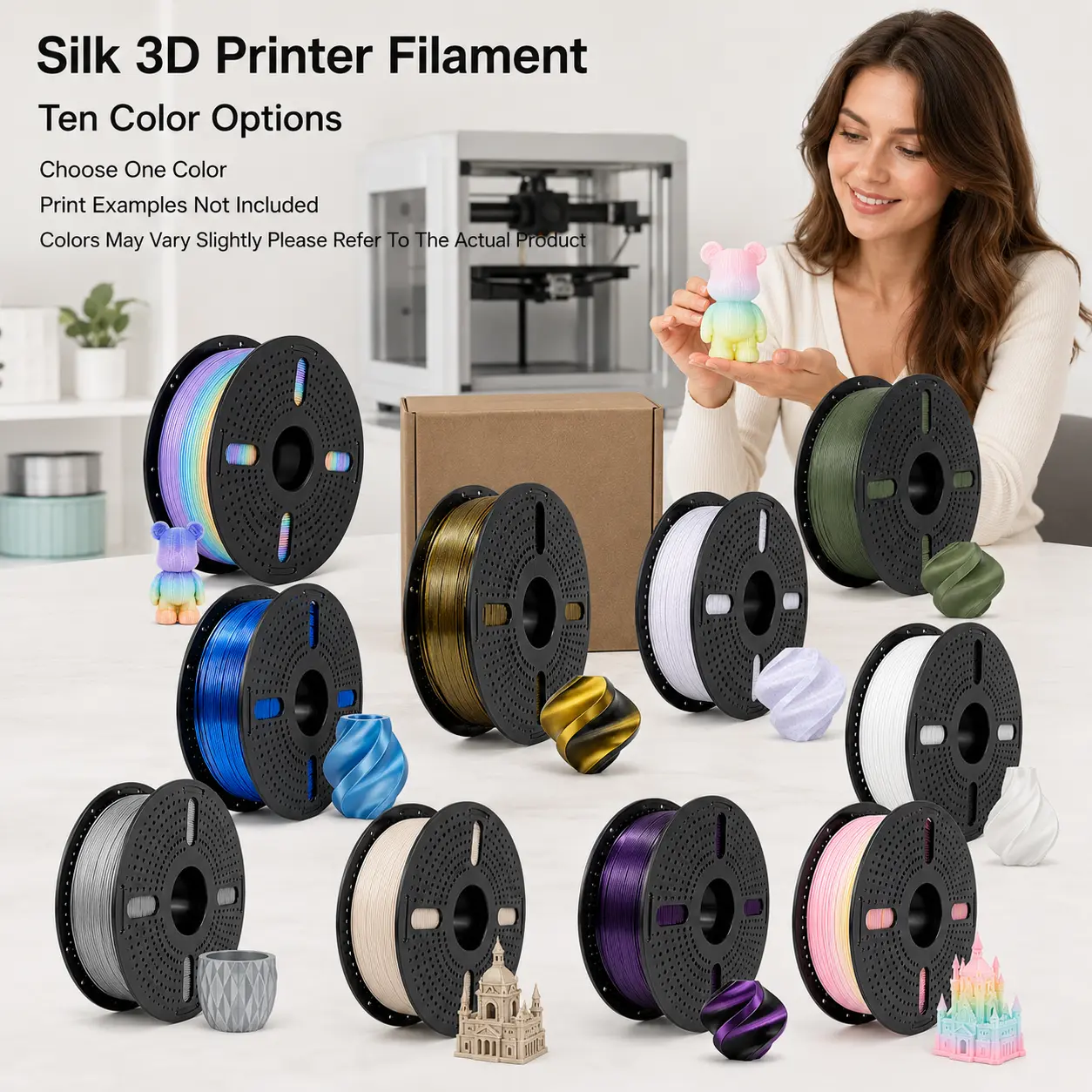 Silk Rainbow PLA 3D Printing Filament Set, 1.75mm, Glossy Finish, Smooth Extrusion, Consistent Results, Compatible with FDM Printers, for Makers, Ideal for Creative Crafts & Christmas Decorations, Display Worthy Results
