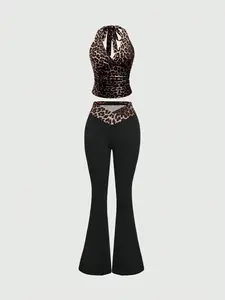 2026 Women's Two Piece Set Leopard Print Halter Top & Flare Leg Pants Casual Fashion Cozy Bell Bottom Trousers Summer Y2K Going Out Matching Outfits