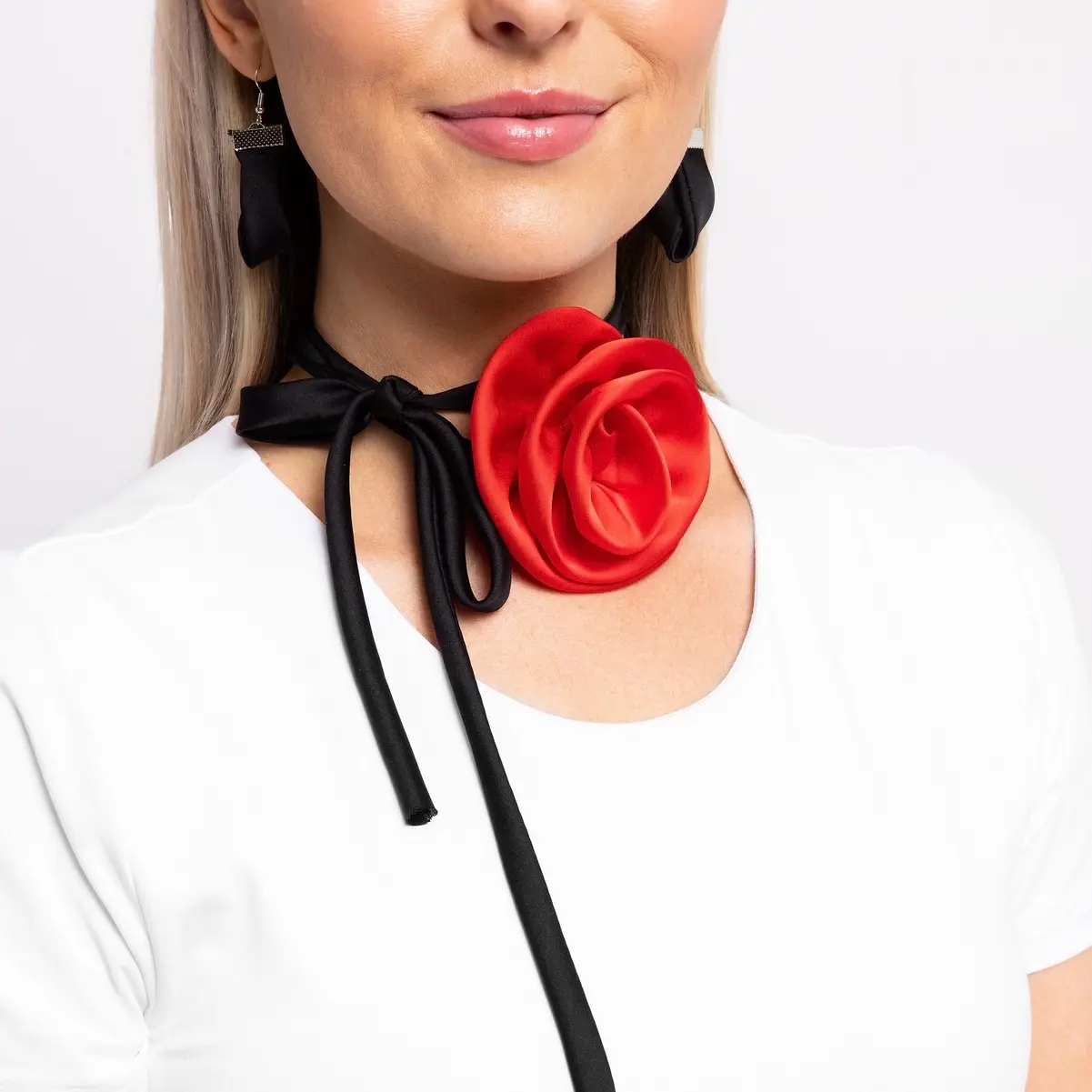 Oversized Red Silk Rosette Necklace with Black Silk Strip for Women's Collar