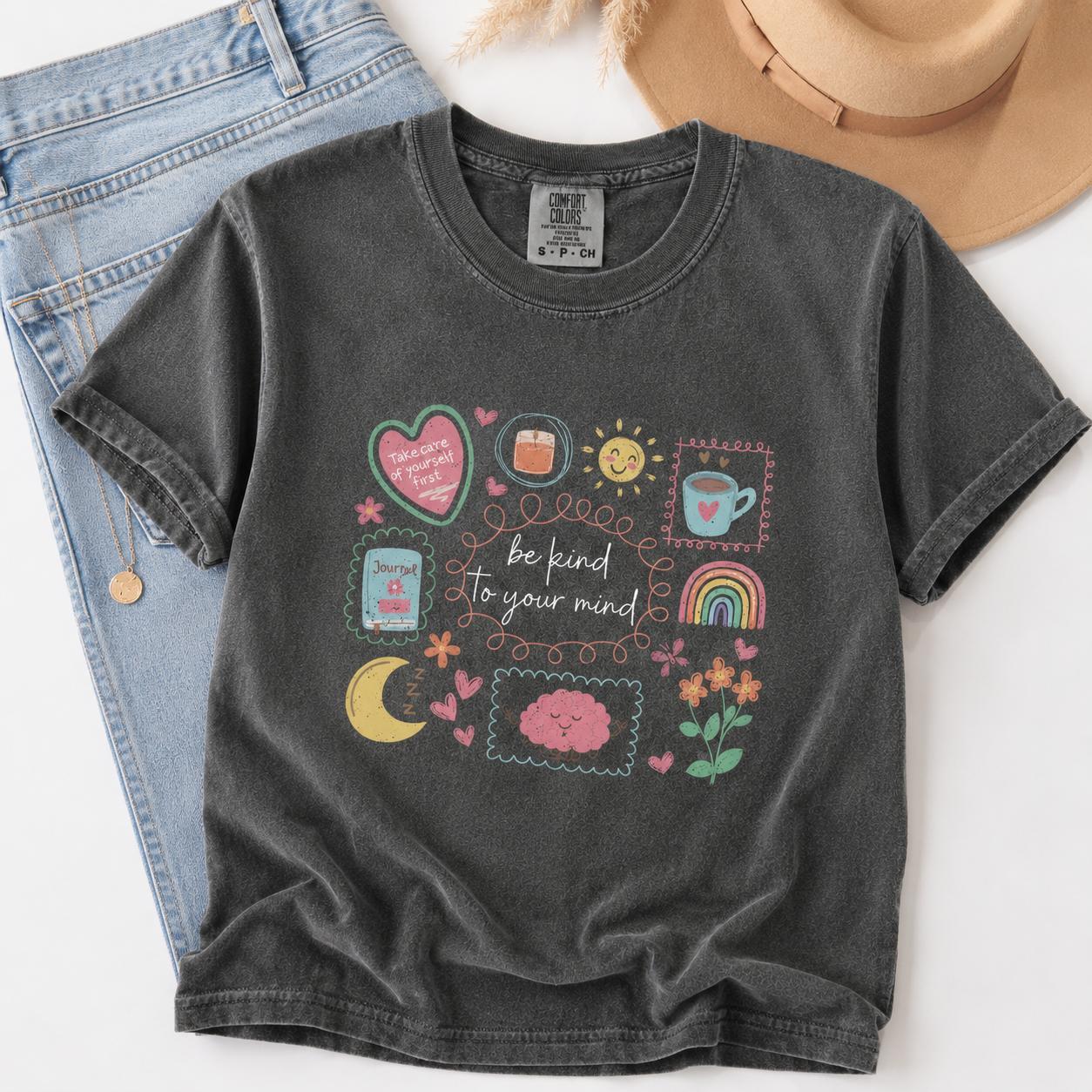 Women’s Short-Sleeve Round Neck Graphic Self Care Shirt – Comfort Colors Mental Health Everyday Streetwear Top, Inspirational Kind Mind Gift for School Psychologist by TrendWear USA